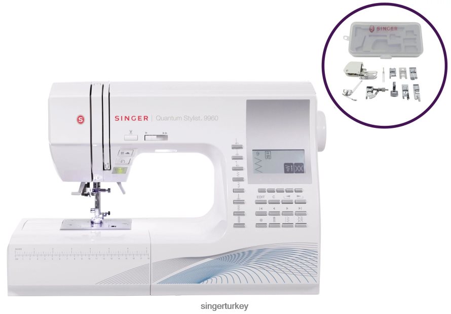 makineler SINGER Geniş Quantum Stilist 9960 dikiş makinesi ve baskı ayağı kiti paketini dikin JV020L2